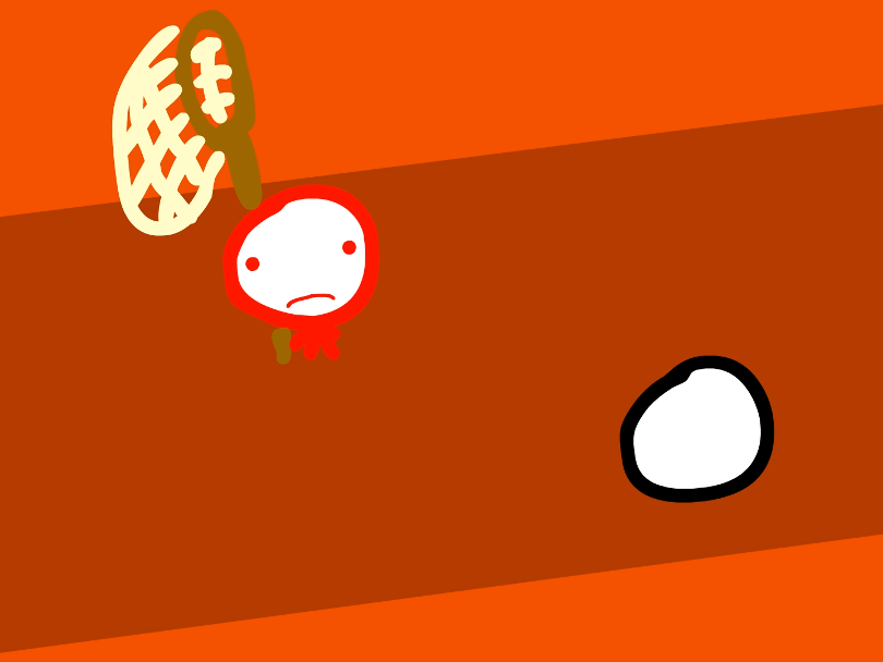 Red stick figure standing on a roof holding a net, looking up to the sky/to the camera, a black stickfigure stands nearby.